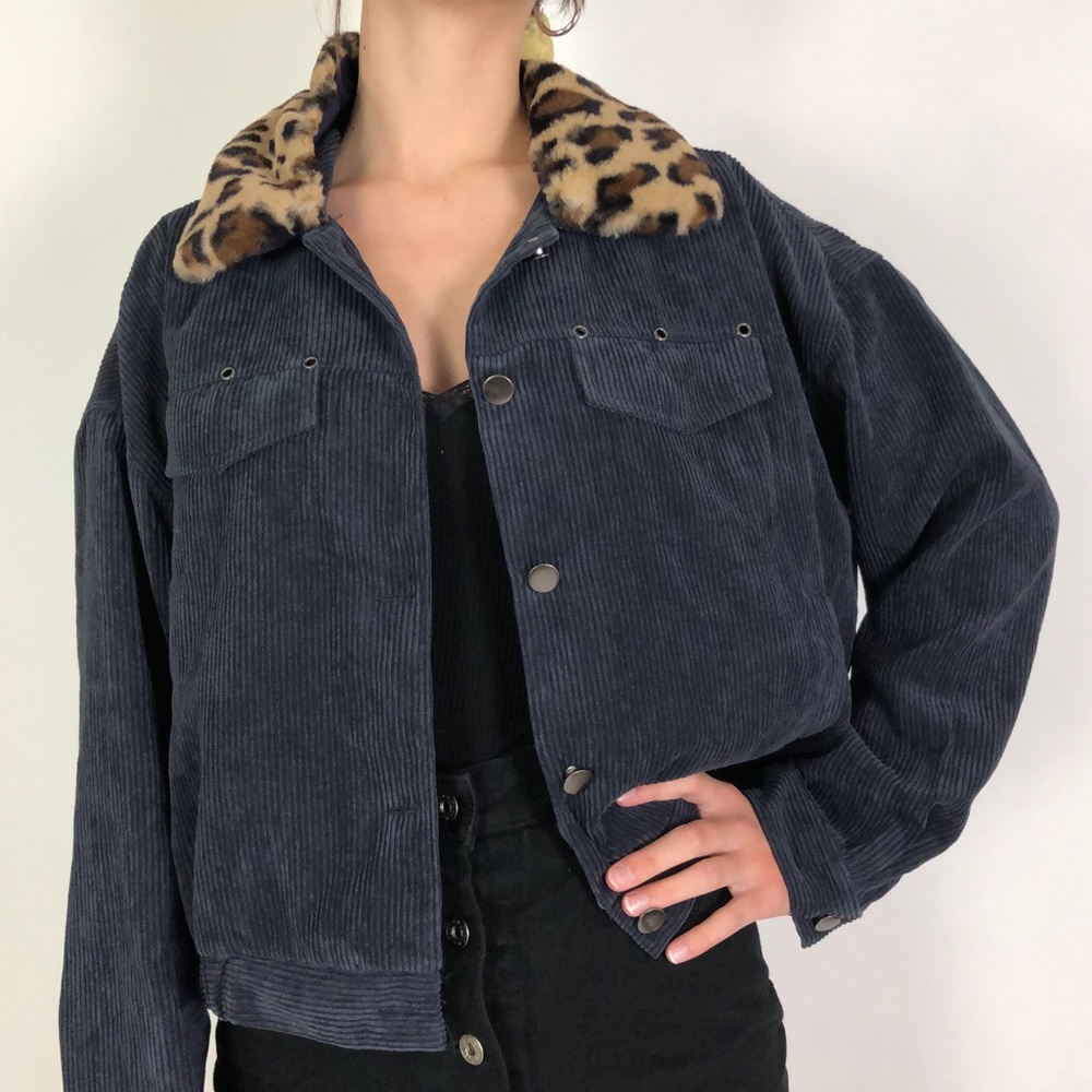 corduroy blue jacket with fuzzy cheetah collar
